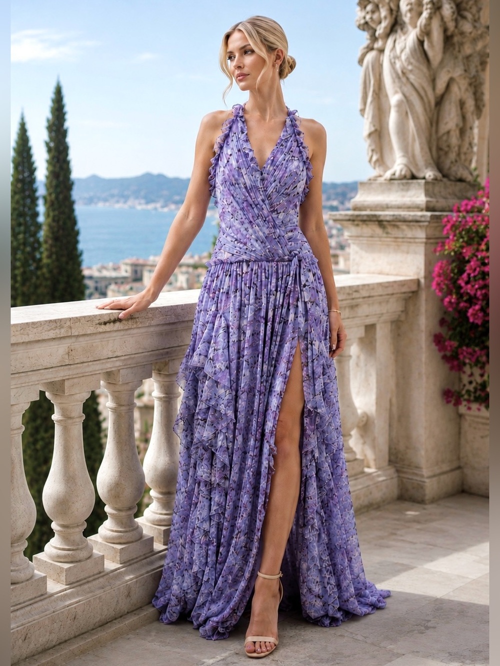 NWT Cinq à Sept Agatha Chiffon Ruffled Gown in Lilac Painted Hydrangea Size 4